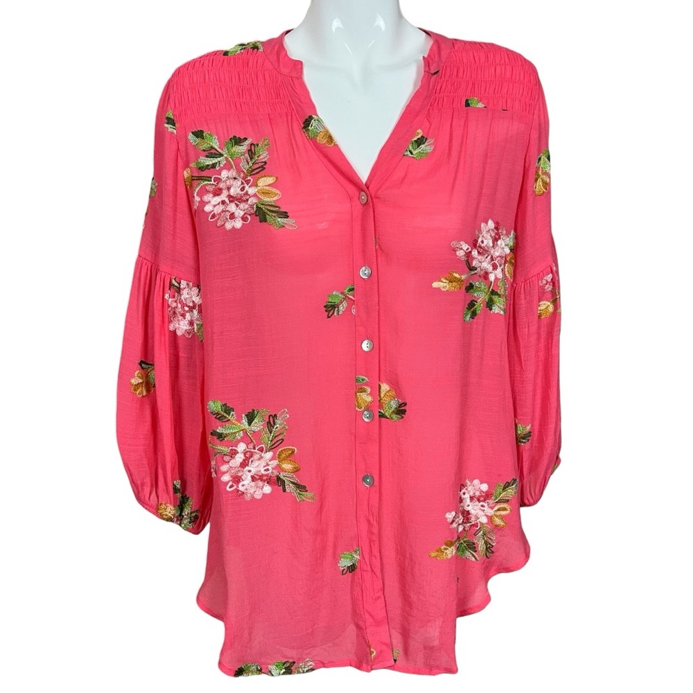 Figueroa & Flower Coral Floral Embroidered Split Neck Button Down Blouse Large